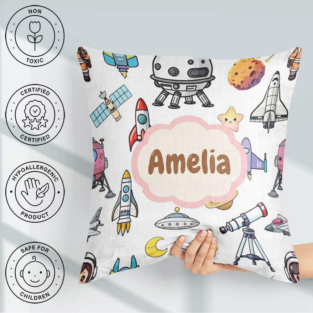Custom Name Astronaut Rockets Satellites UFO Seamless Background Square Filled Cushion Throw Pillow Sofa Bed Home Decor Zip Washable UK Made