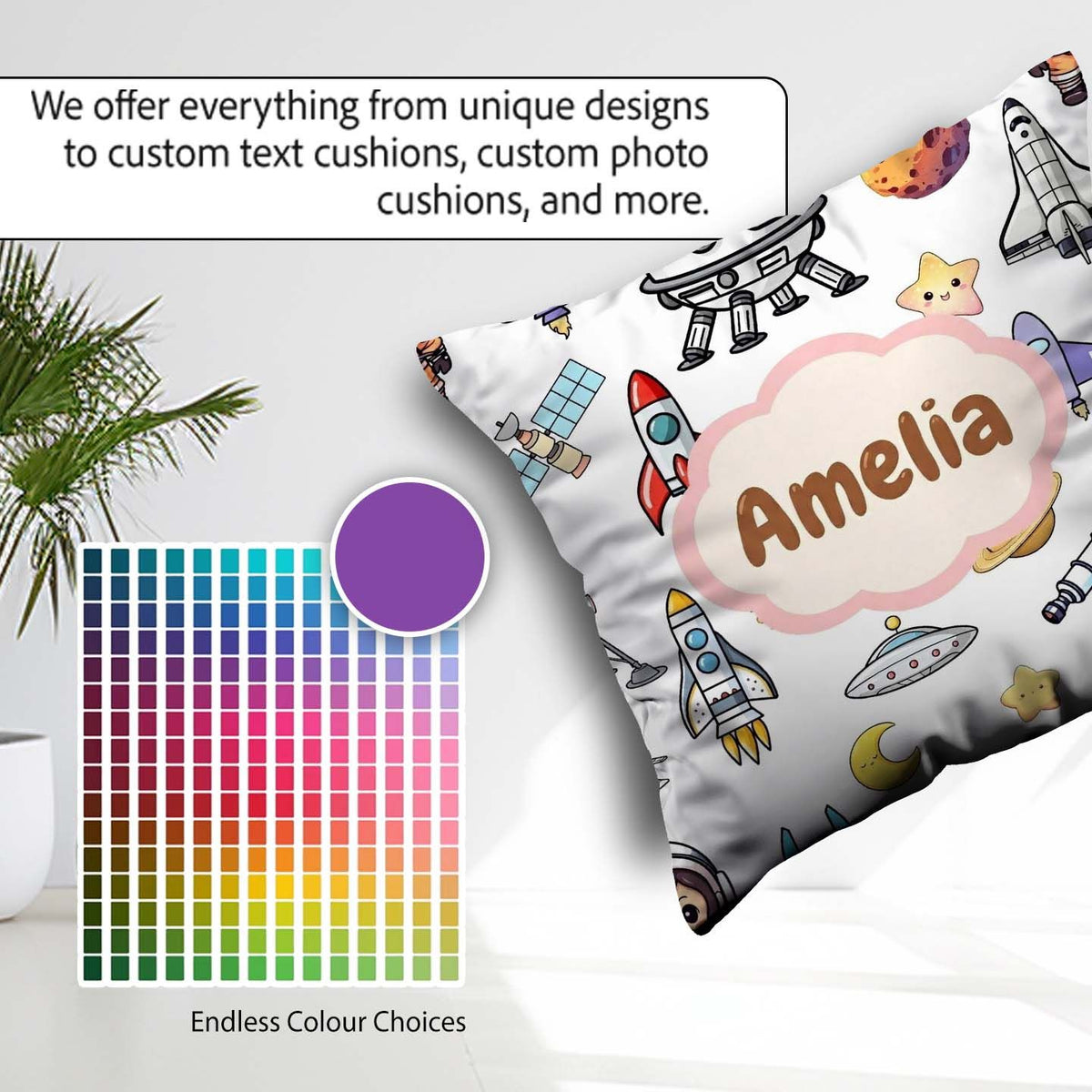 Custom Name Astronaut Rockets Satellites UFO Seamless Background Square Filled Cushion Throw Pillow Sofa Bed Home Decor Zip Washable UK Made