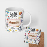 Personalized Custom Name Astronaut Rockets Satellites UFO Space Seamless White Background 11oz Ceramic Coffee Tea Mug White Large Handle