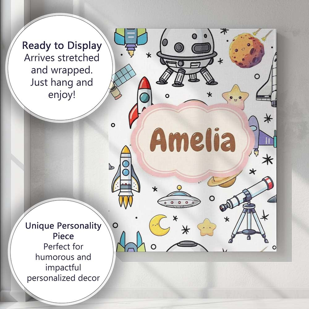 Personalised Name Astronaut Rockets Satellites UFO Space Seamless Stylish Home Interior Canvas Wall Art Print Decor Picture Ready to Hang