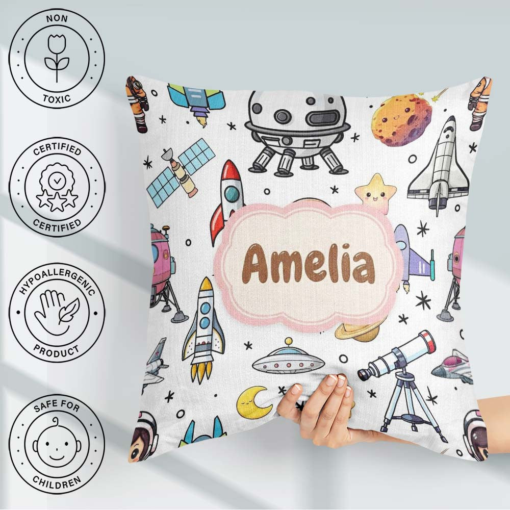 Custom Name Astronaut Rockets Satellites UFO Seamless Background Square Filled Cushion Throw Pillow Sofa Bed Home Decor Zip Washable UK Made