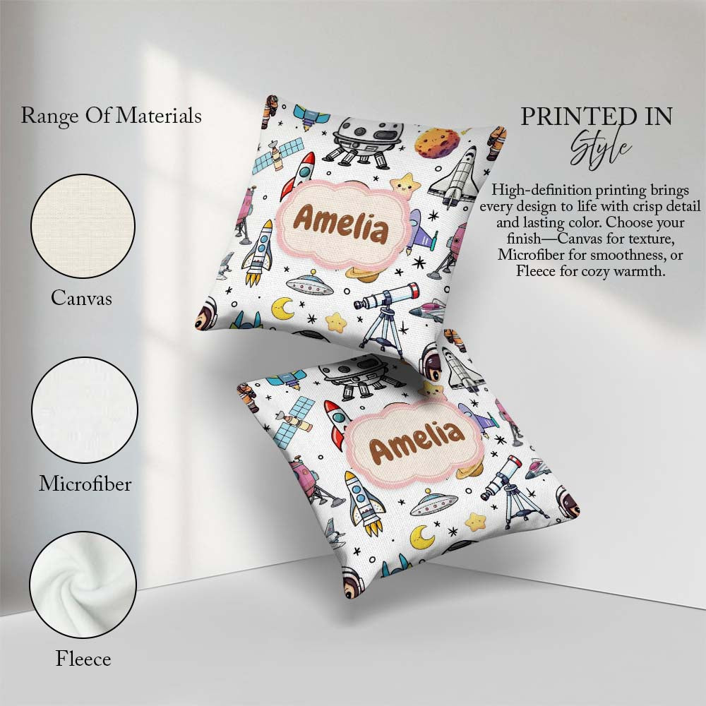 Custom Name Astronaut Rockets Satellites UFO Seamless Background Square Filled Cushion Throw Pillow Sofa Bed Home Decor Zip Washable UK Made