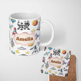 Personalized Custom Name Astronaut Rockets Satellites UFO Space Seamless Clean Background 11oz Ceramic Coffee Tea Mug White Large Handle