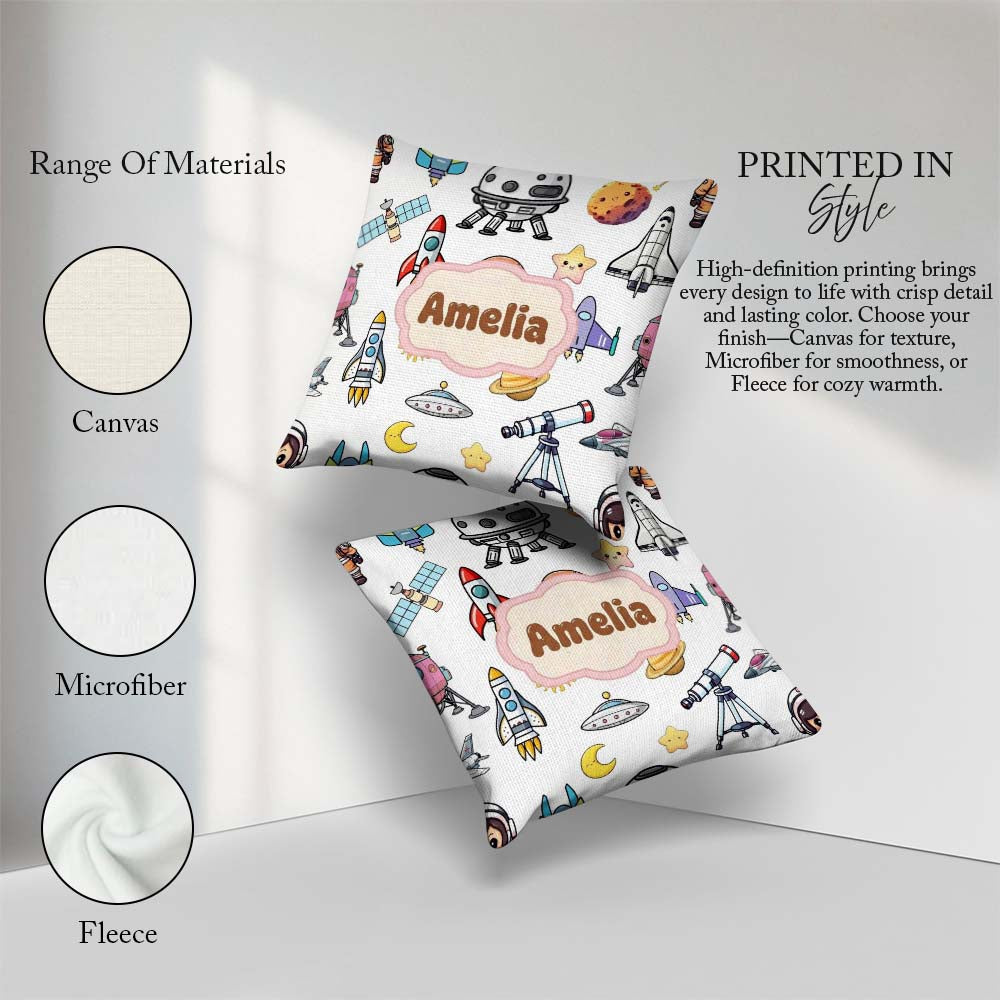 Custom Name Astronaut Rockets Satellites UFO Seamless Background Square Filled Cushion Throw Pillow Sofa Bed Home Decor Zip Washable UK Made