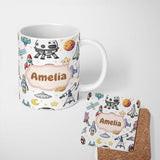 Personalized Custom Name Astronaut Rockets Satellites UFO Space Seamless Starry Background 11oz Ceramic Coffee Tea Mug White Large Handle