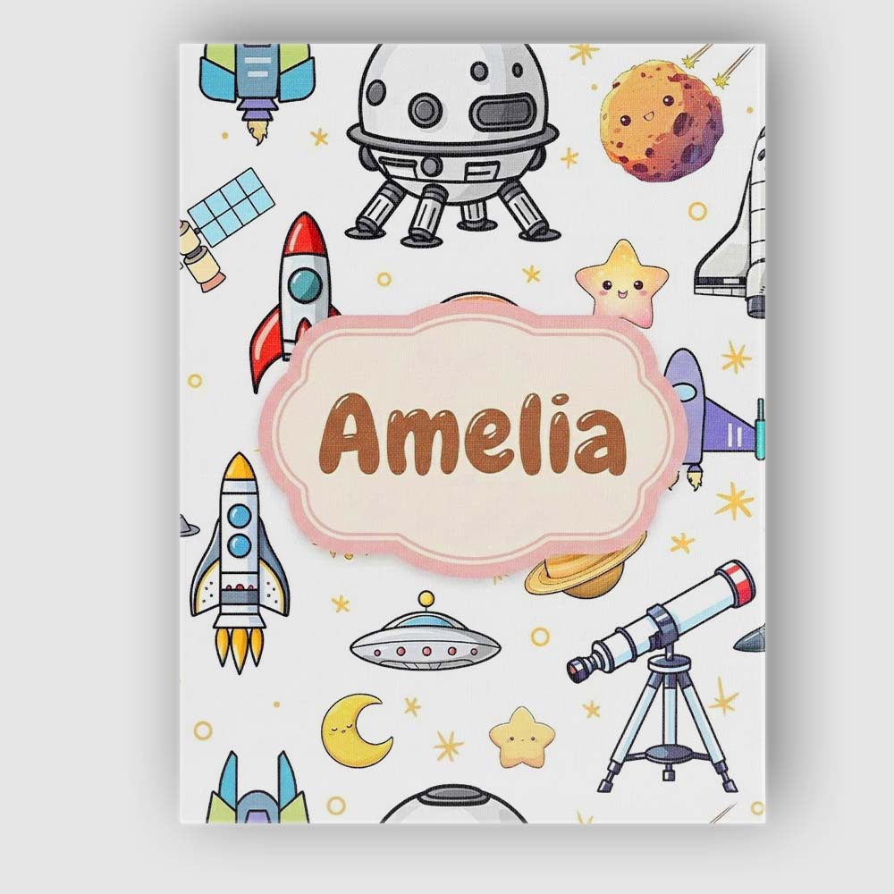 Personalised Name Astronaut Rockets Satellites UFO Space Seamless Stylish Home Interior Canvas Wall Art Print Decor Picture Ready to Hang
