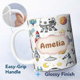 Personalized Custom Name Astronaut Rockets Satellites UFO Space Seamless Starry Background 11oz Ceramic Coffee Tea Mug White Large Handle
