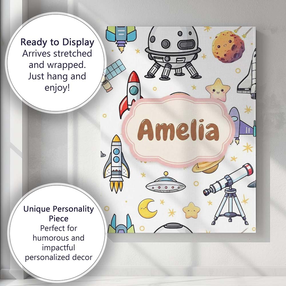 Personalised Name Astronaut Rockets Satellites UFO Space Seamless Stylish Home Interior Canvas Wall Art Print Decor Picture Ready to Hang