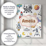 Personalised Name Astronaut Rockets Satellites UFO Space Seamless Stylish Home Interior Canvas Wall Art Print Decor Picture Ready to Hang