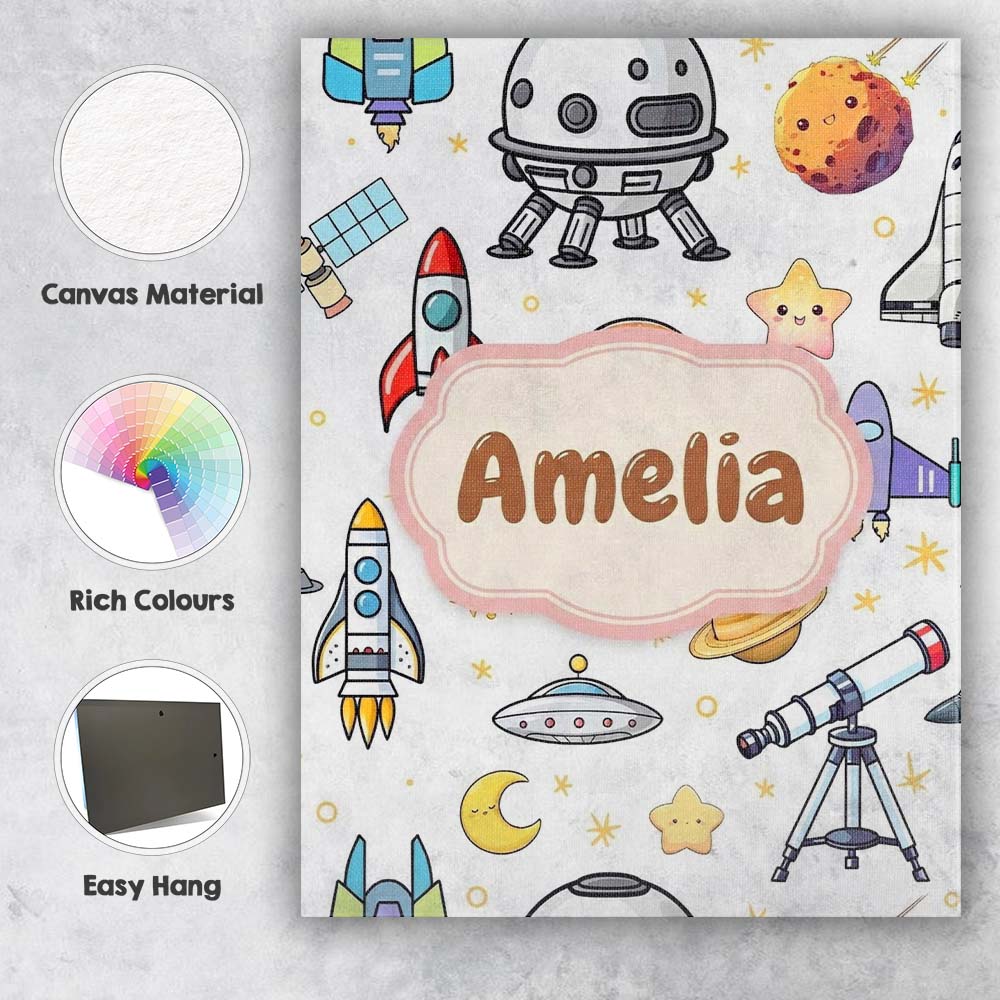 Personalised Name Astronaut Rockets Satellites UFO Space Seamless Stylish Home Interior Canvas Wall Art Print Decor Picture Ready to Hang