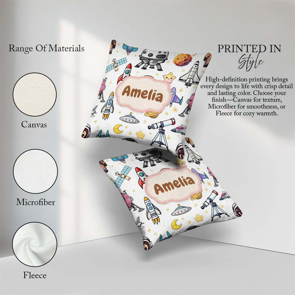 Custom Name Astronaut Rockets Satellites UFO Seamless Background Square Filled Cushion Throw Pillow Sofa Bed Home Decor Zip Washable UK Made