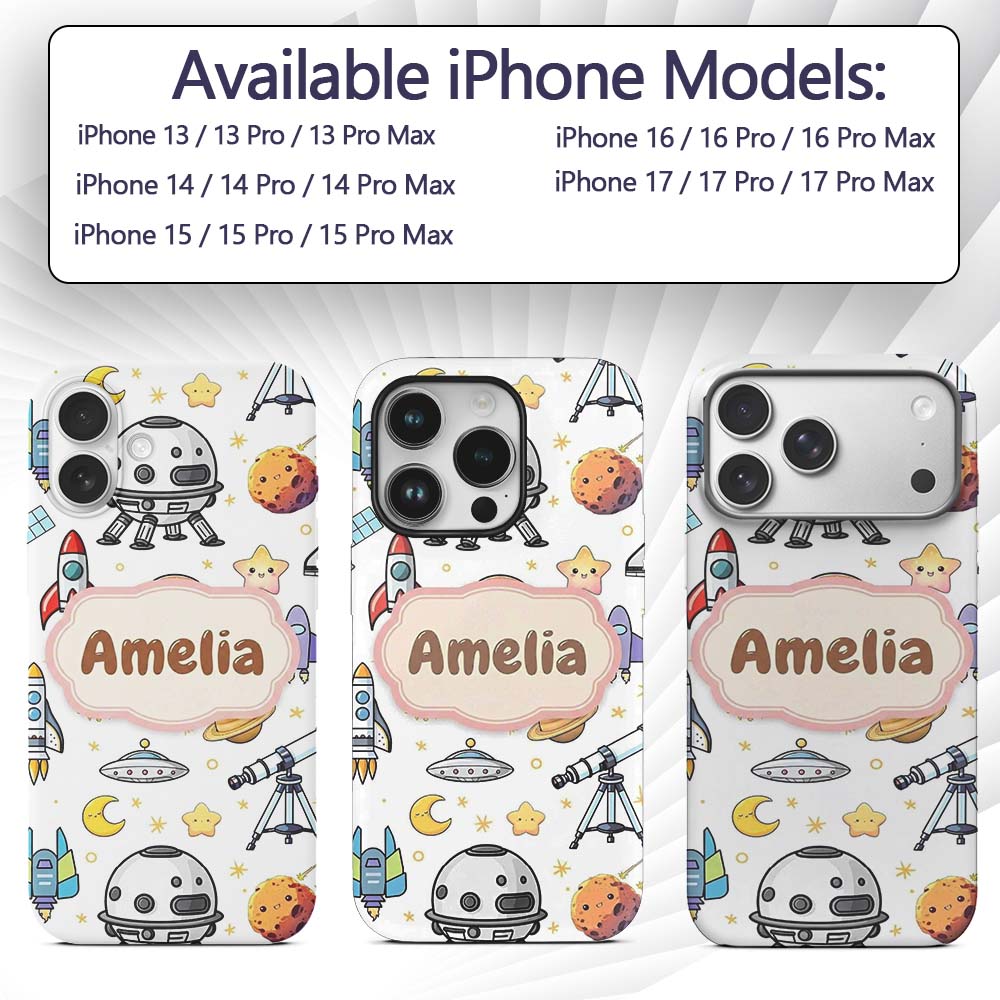 Astronaut Rockets Satellites UFO Space Seamless Custom Name Protective Phone Case Mobile Cover Durable Everyday Smartphone Shock Resistant