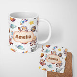 Personalized Custom Name Space Dog Bear Astronaut Rockets Planets Seamless White Background 11oz Ceramic Coffee Tea Mug White Large Handle