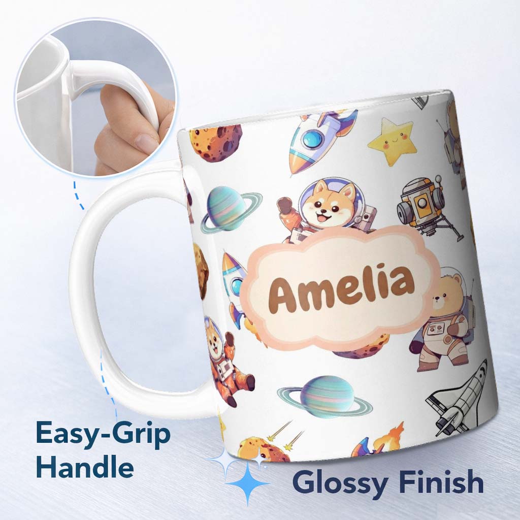Personalized Custom Name Space Dog Bear Astronaut Rockets Planets Seamless White Background 11oz Ceramic Coffee Tea Mug White Large Handle