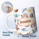 Personalized Custom Name Space Dog Bear Astronaut Rockets Planets Seamless White Background 11oz Ceramic Coffee Tea Mug White Large Handle