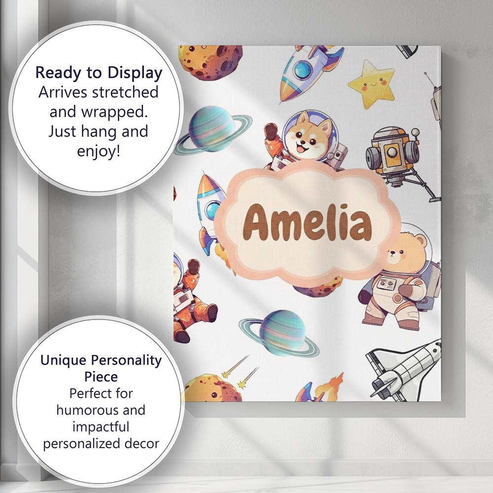 Personalised Name Space Dog Bear Astronaut Custom  Unique Gift Idea Elegant Feature Canvas Wall Art Print Decor Picture Ready to Hang