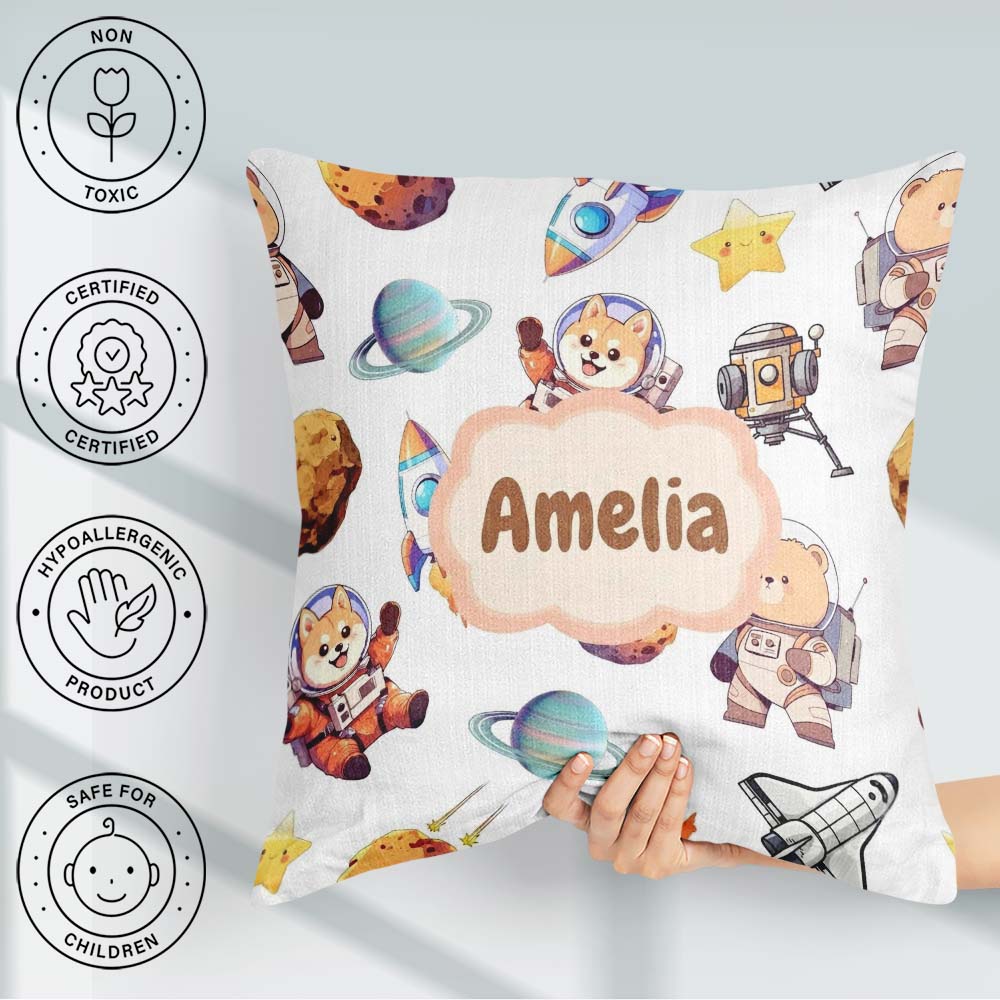 Custom Name Space Dog Bear Astronaut Rockets Seamless Background Square Filled Cushion Throw Pillow Sofa Bed Home Decor Zip Washable UK Made
