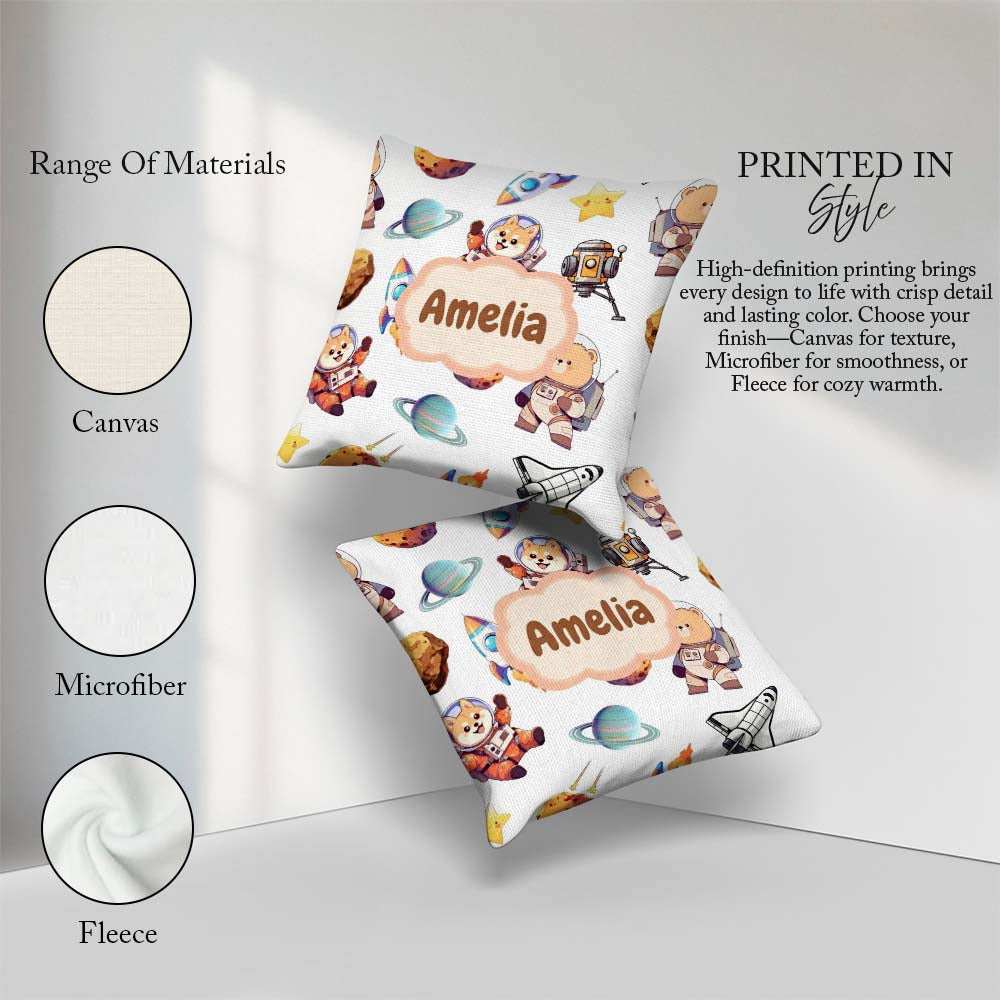 Custom Name Space Dog Bear Astronaut Rockets Seamless Background Square Filled Cushion Throw Pillow Sofa Bed Home Decor Zip Washable UK Made