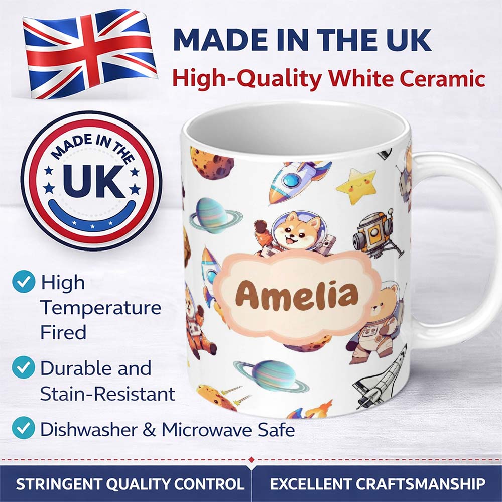 Personalized Custom Name Space Dog Bear Astronaut Rockets Planets Seamless White Background 11oz Ceramic Coffee Tea Mug White Large Handle