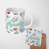 Personalized Custom Name Space Bunny Cat Astronaut Rockets Planets Seamless White Background 11oz Ceramic Coffee Tea Mug White Large Handle