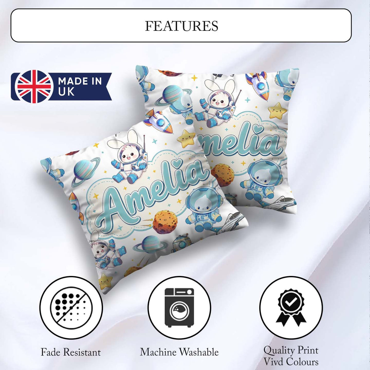 Custom Name Space Bunny Astronaut Rockets Planets Seamless White Square Filled Cushion Throw Pillow Sofa Bed Home Decor Zip Washable UK Made