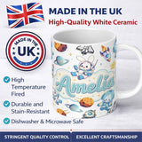Personalized Custom Name Space Bunny Cat Astronaut Rockets Planets Seamless White Background 11oz Ceramic Coffee Tea Mug White Large Handle