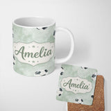 Personalized Custom Name Watercolor Soccer Balls on Soft Green Background Seamless Pattern 11oz Ceramic Coffee Tea Mug White Large Handle