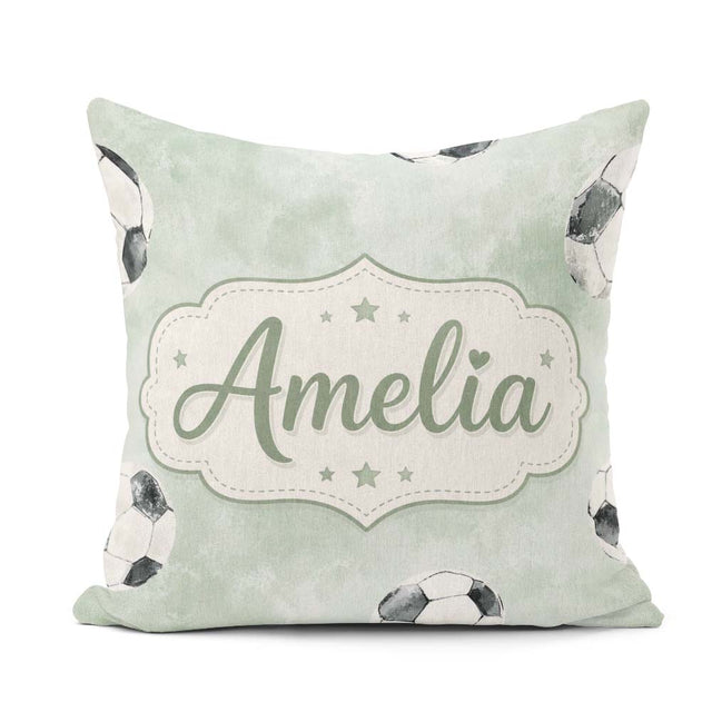 Custom Name Watercolor Soccer Balls on Green Background Seamless Square Filled Cushion Throw Pillow Sofa Bed Home Decor Zip Washable UK Made