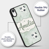 Watercolor Soccer Balls on Soft Green Background Custom Name Protective Phone Case Mobile Cover Durable Everyday Smartphone Shock Resistant