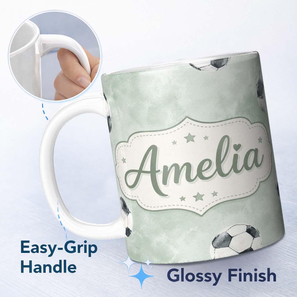 Personalized Custom Name Watercolor Soccer Balls on Soft Green Background Seamless Pattern 11oz Ceramic Coffee Tea Mug White Large Handle