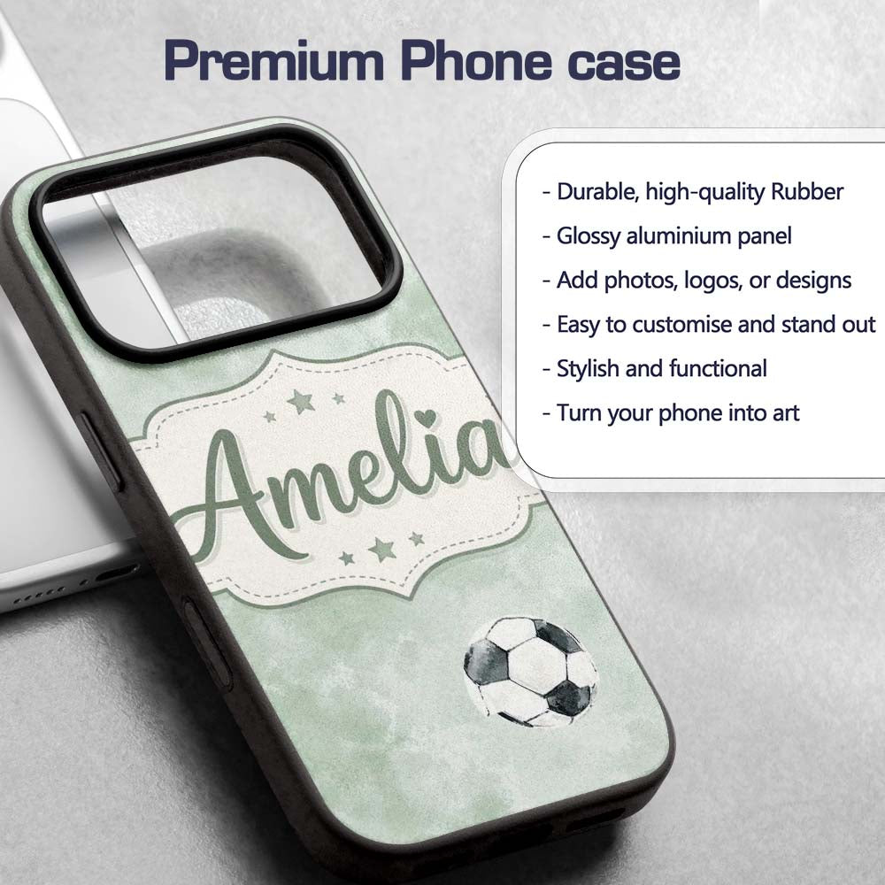 Watercolor Soccer Balls on Soft Green Background Custom Name Protective Phone Case Mobile Cover Durable Everyday Smartphone Shock Resistant