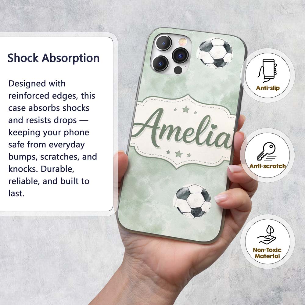 Watercolor Soccer Balls on Soft Green Background Custom Name Protective Phone Case Mobile Cover Durable Everyday Smartphone Shock Resistant