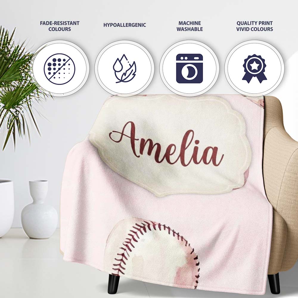 Watercolor Baseball Balls on Soft Beige Background Seamless Pattern  Personalised Custom Name Super Soft Fleece Blanket Bed Sofa Throw