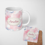 Personalized Custom Name Watercolor Soccer Balls on Soft Pink Background Seamless Pattern 11oz Ceramic Coffee Tea Mug White Large Handle