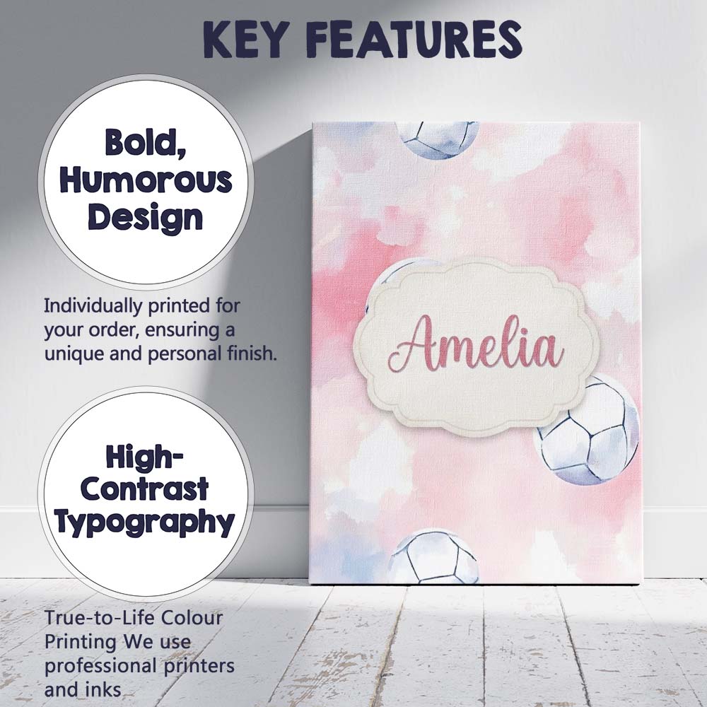 Personalised Name Watercolor Soccer Balls Custom  Unique Gift Idea Elegant Feature Canvas Wall Art Print Decor Picture Ready to Hang
