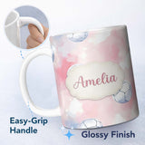 Personalized Custom Name Watercolor Soccer Balls on Soft Pink Background Seamless Pattern 11oz Ceramic Coffee Tea Mug White Large Handle