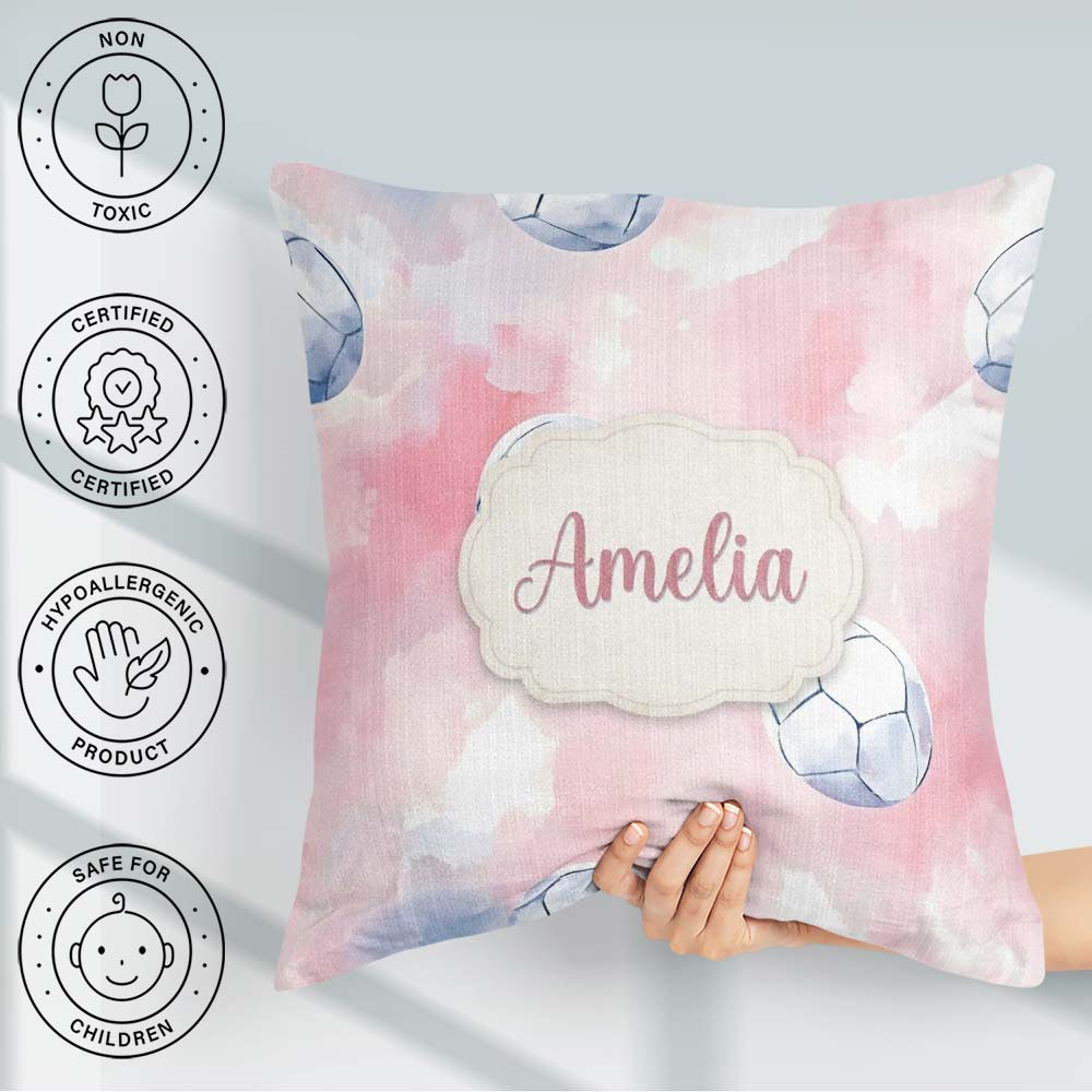 Custom Name Watercolor Soccer Balls Soft Pink Background Pattern Square Filled Cushion Throw Pillow Sofa Bed Home Decor Zip Washable UK Made