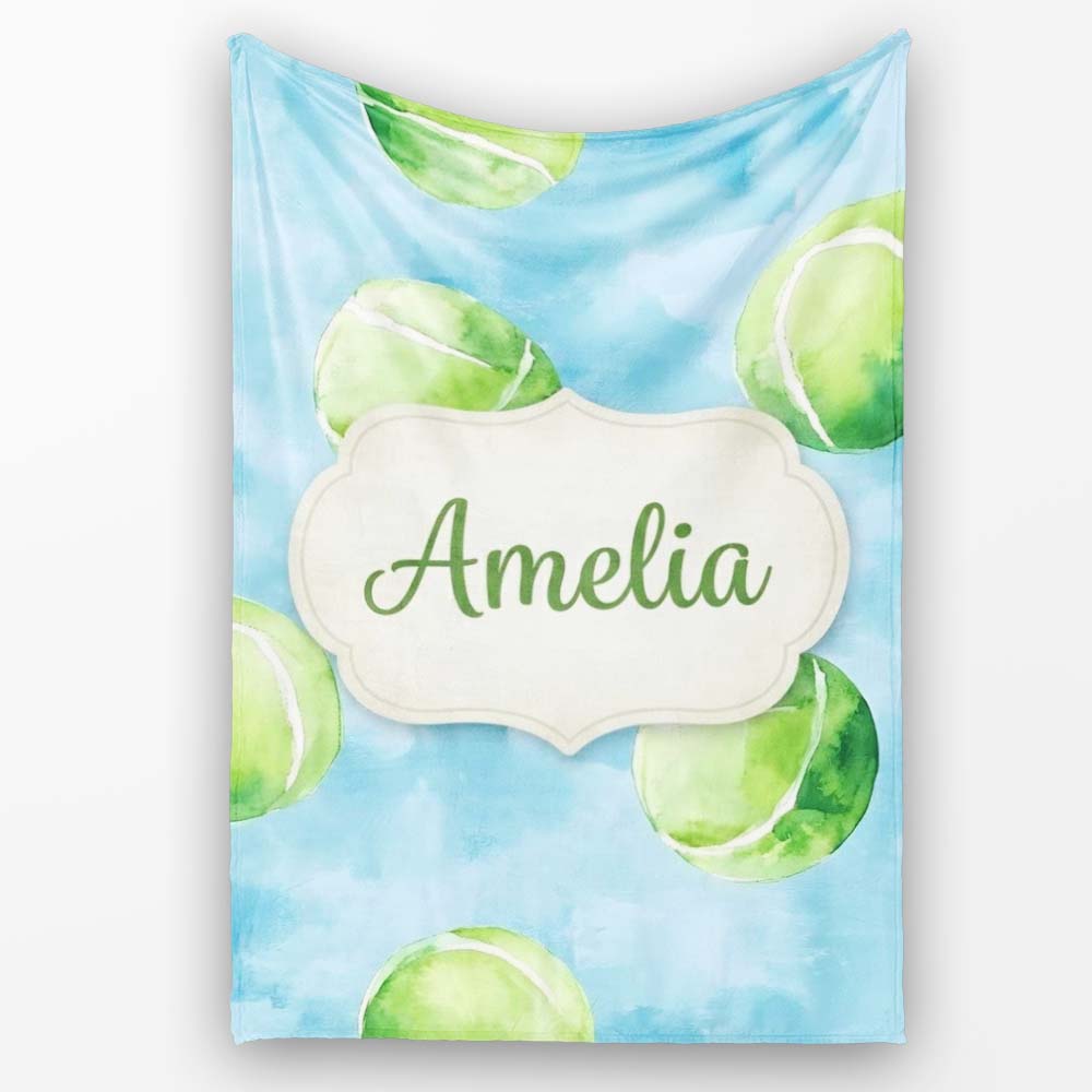 Watercolor Tennis Balls on Soft Blue Background Seamless Pattern  Personalised Custom Name Super Soft Fleece Blanket Bed Sofa Throw