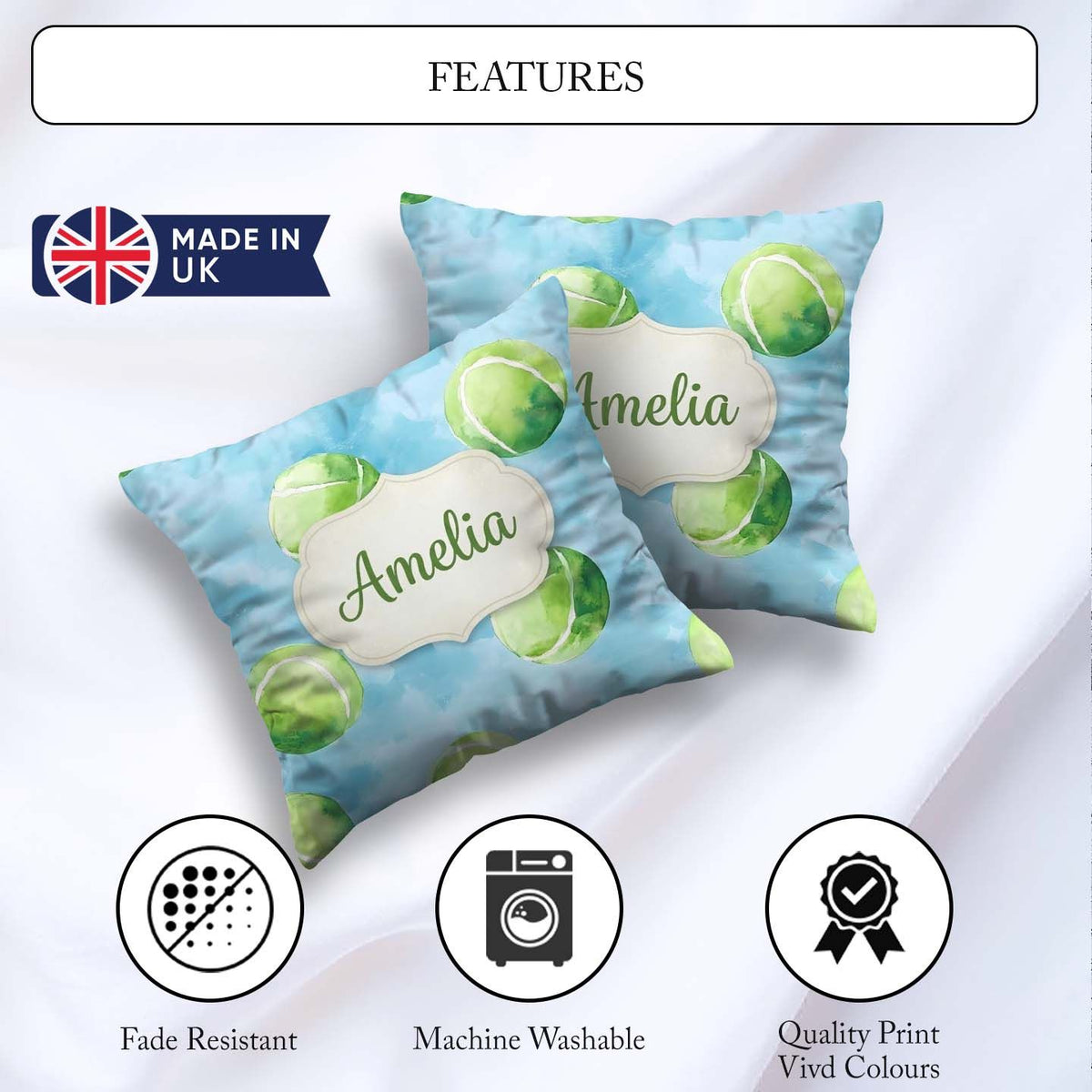 Custom Name Watercolor Tennis Balls Soft Blue Background Pattern Square Filled Cushion Throw Pillow Sofa Bed Home Decor Zip Washable UK Made