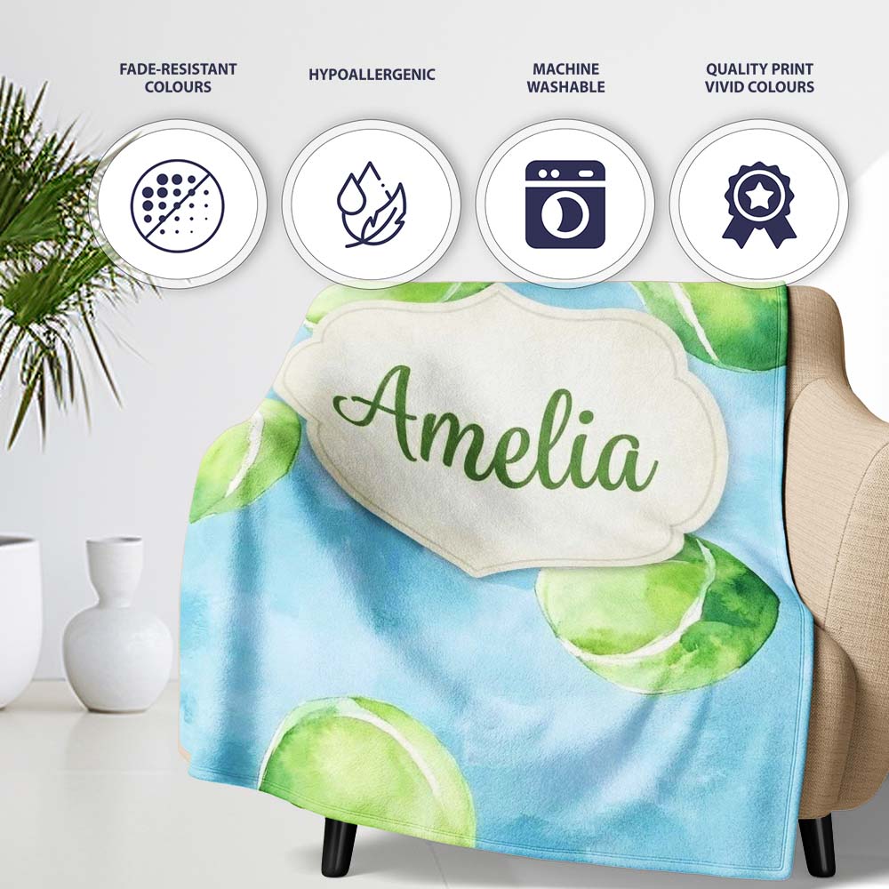Watercolor Tennis Balls on Soft Blue Background Seamless Pattern  Personalised Custom Name Super Soft Fleece Blanket Bed Sofa Throw