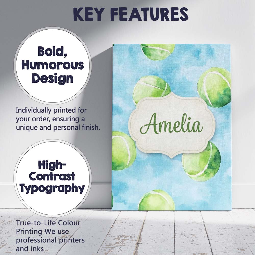 Personalised Name Watercolor Tennis Balls Custom  Unique Gift Idea Elegant Feature Canvas Wall Art Print Decor Picture Ready to Hang