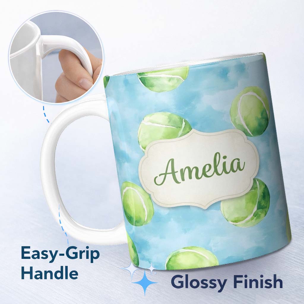 Personalized Custom Name Watercolor Tennis Balls on Soft Blue Background Seamless Pattern 11oz Ceramic Coffee Tea Mug White Large Handle