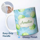 Personalized Custom Name Watercolor Tennis Balls on Soft Blue Background Seamless Pattern 11oz Ceramic Coffee Tea Mug White Large Handle