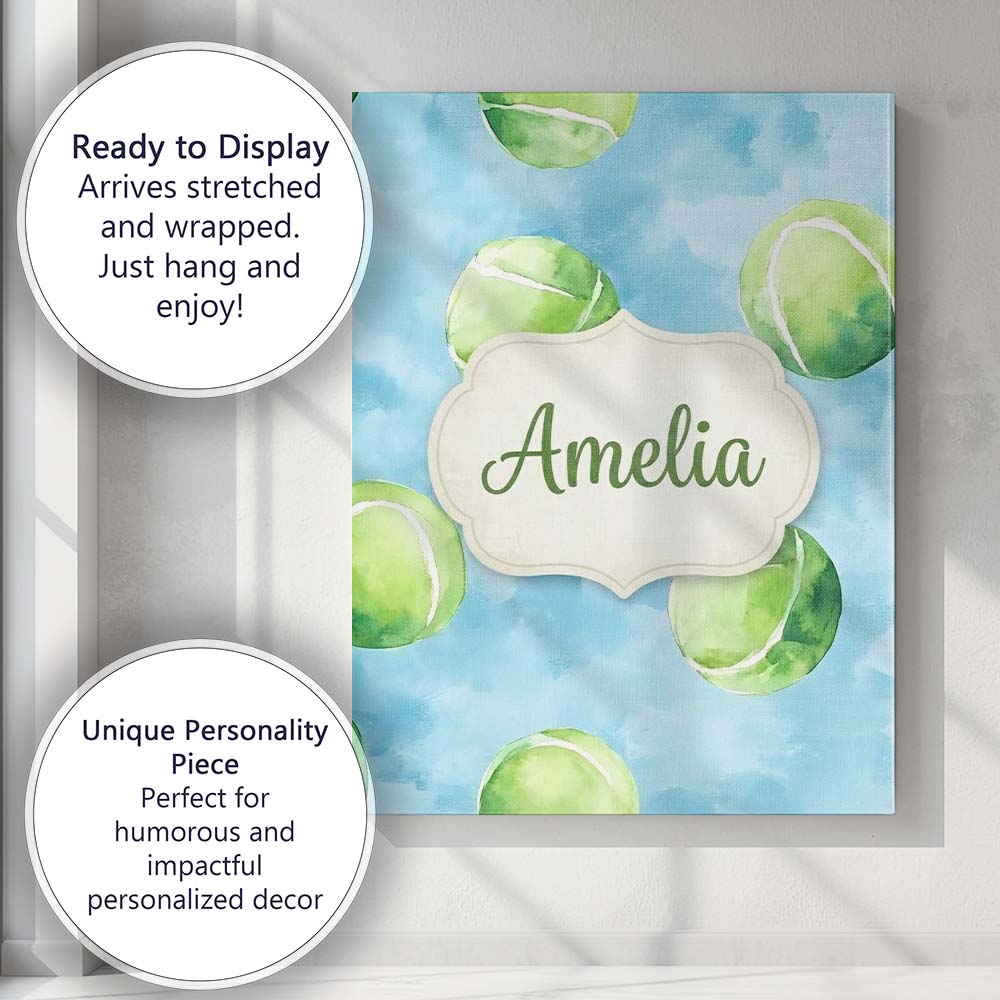 Personalised Name Watercolor Tennis Balls Custom  Unique Gift Idea Elegant Feature Canvas Wall Art Print Decor Picture Ready to Hang
