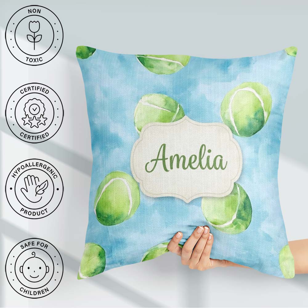 Custom Name Watercolor Tennis Balls Soft Blue Background Pattern Square Filled Cushion Throw Pillow Sofa Bed Home Decor Zip Washable UK Made