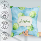 Custom Name Watercolor Tennis Balls Soft Blue Background Pattern Square Filled Cushion Throw Pillow Sofa Bed Home Decor Zip Washable UK Made