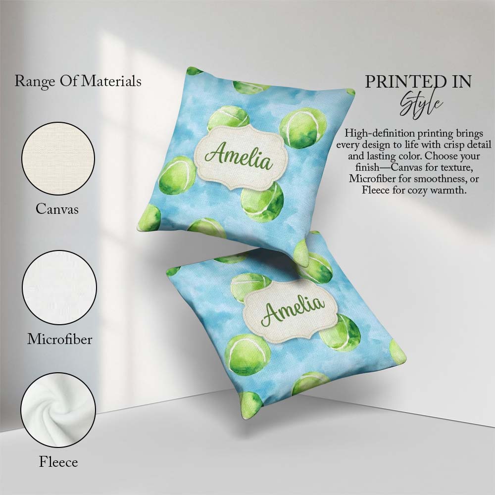 Custom Name Watercolor Tennis Balls Soft Blue Background Pattern Square Filled Cushion Throw Pillow Sofa Bed Home Decor Zip Washable UK Made