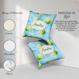 Custom Name Watercolor Tennis Balls Soft Blue Background Pattern Square Filled Cushion Throw Pillow Sofa Bed Home Decor Zip Washable UK Made