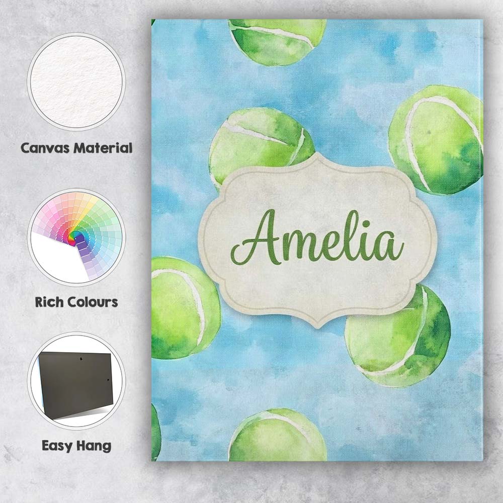 Personalised Name Watercolor Tennis Balls Custom  Unique Gift Idea Elegant Feature Canvas Wall Art Print Decor Picture Ready to Hang