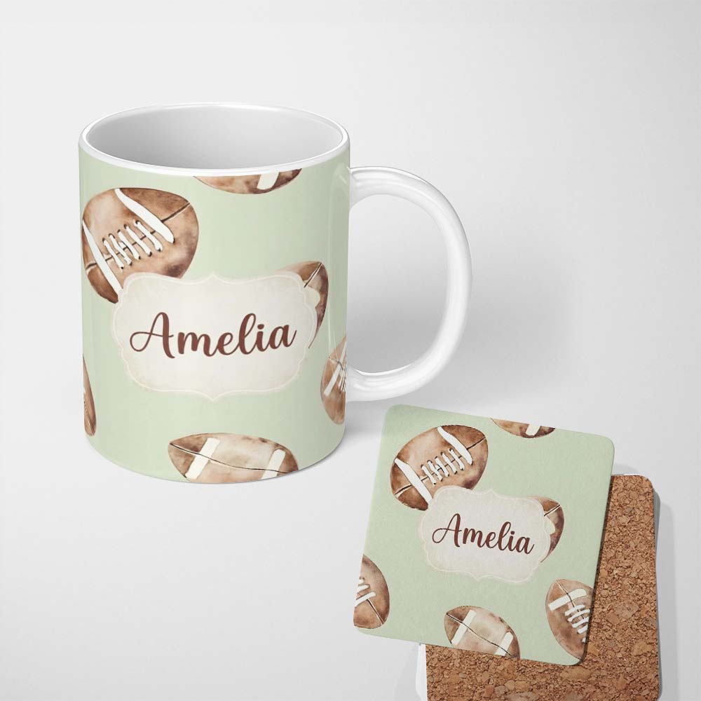 Personalized Custom Name Watercolor American Football Balls on Soft Green Background 11oz Ceramic Coffee Tea Mug White Large Handle